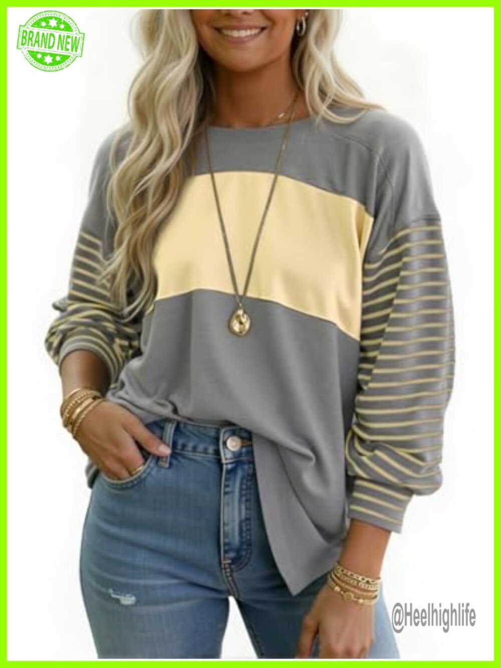 Oversized Striped Long Sleeve Color Block Tunic Top - Women's Casual Pullover